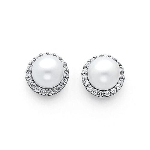 14K White Gold 7mm Pearl with Cubic Zirconia Earrings