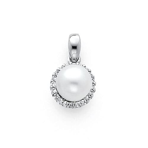 14K White Gold 8mm Pearl with Cubic Zirconia Pendant