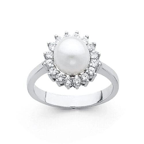 14K White Gold 8mm Pearl & Cubic Zirconia Ring
