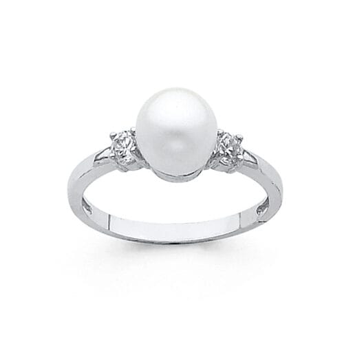 14K White Gold 8mm Pearl & Cubic Zirconia Ring