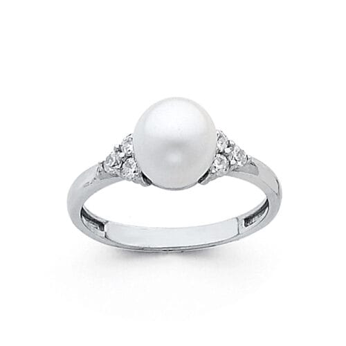 14K White Gold 8mm Pearl & Cubic Zirconia Ring