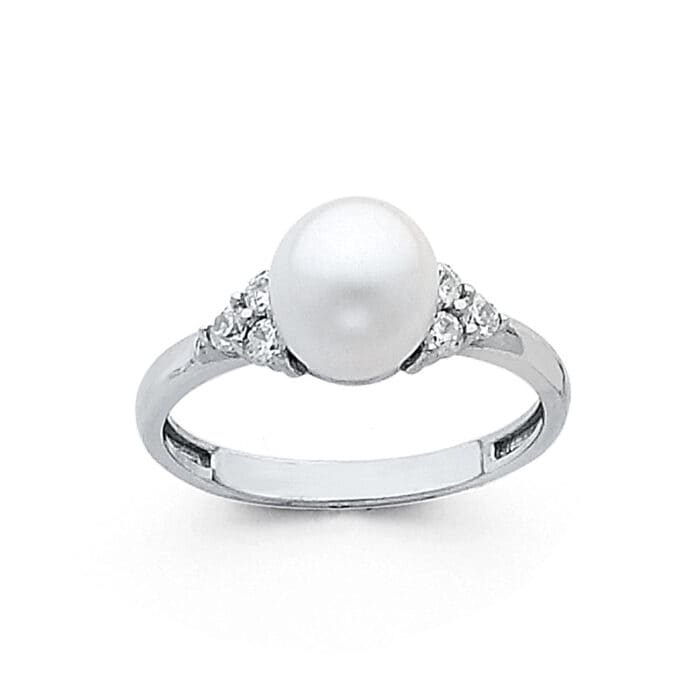 14K White Gold 8mm Pearl & Cubic Zirconia Ring