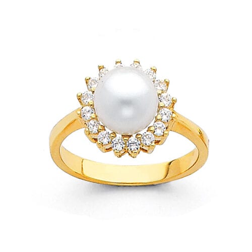 14K Yellow Gold 8mm Pearl & Cubic Zirconia Ring
