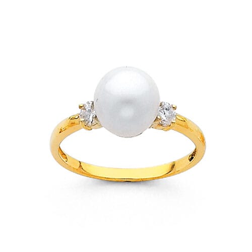 14K Yellow Gold 8mm Pearl & Cubic Zirconia Ring