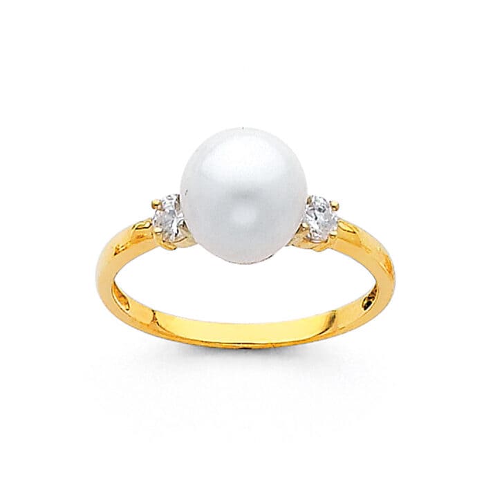 14K Yellow Gold 8mm Pearl & Cubic Zirconia Ring