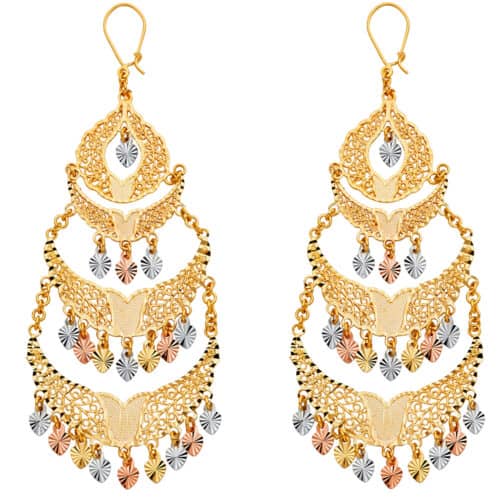 14K Tri Color Gold Dimond Cut Channeldelier Hanging Earrings