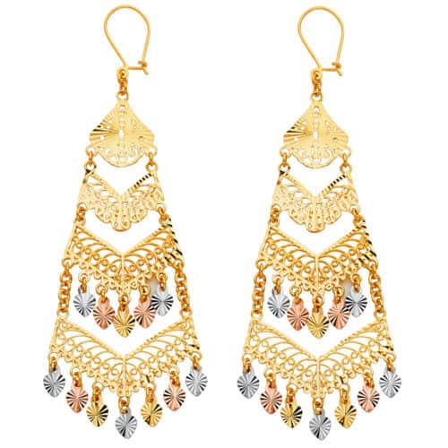 14K Tri Color Gold Diamond Cut Channeldelier Hanging Earrings