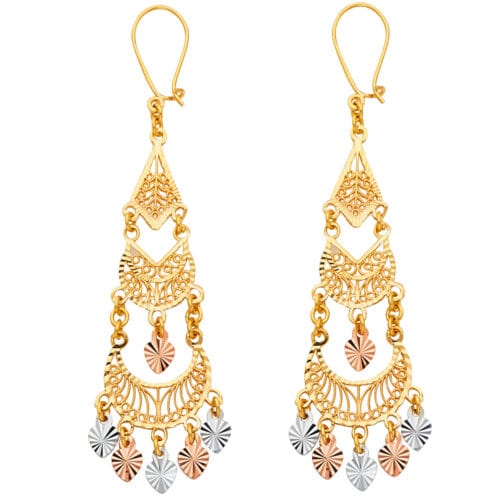 14K Tri Color Gold Diamond Cut Channeldelier Hanging Earrings