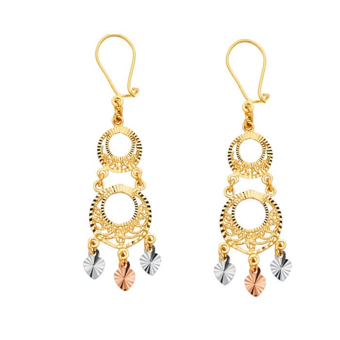 14K Tri Color Gold Diamond Cut Channeldelier Hanging Earrings