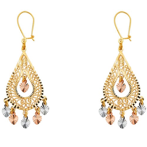 14K Tri Color Gold Diamond Cut Channeldelier Hanging Earrings