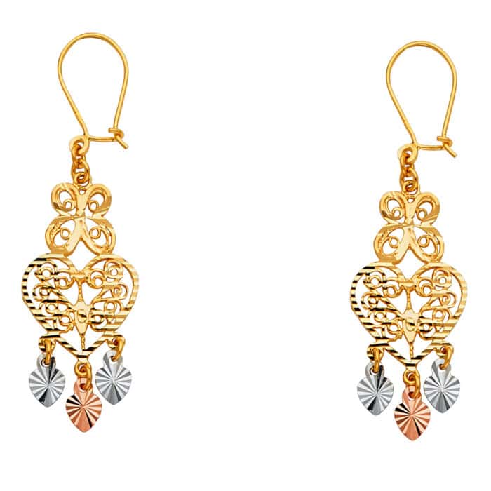 14K Tri Color Gold Diamond Cut Channeldelier Hanging Earrings - Image 4