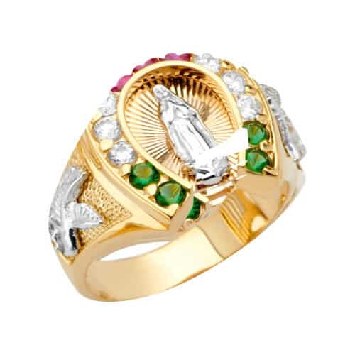 14K Tri Color Gold Horse Shoe Men's Cubic Zirconia Ring w/Guadalupe
