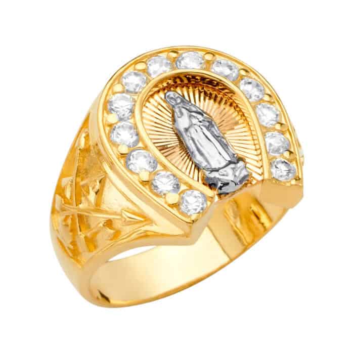 14K Tri Color Gold Horse Shoe Men's Cubic Zirconia Ring w/Guadalupe