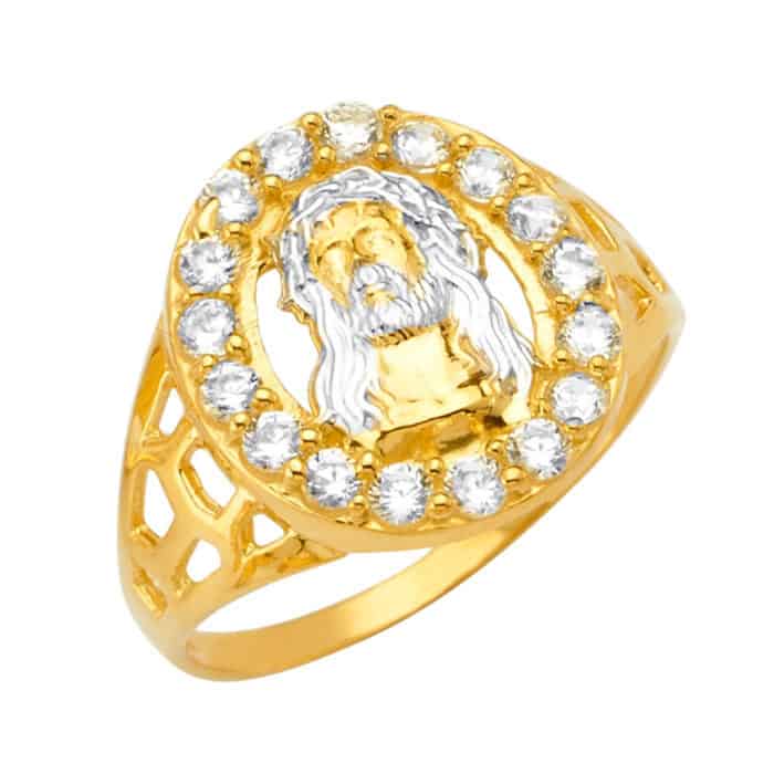 14K Two Tone Gold Jesus Men's Cubic Zirconia Ring
