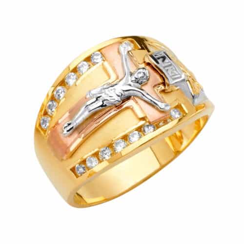 14K Tri Color Gold Jesus Men's Cubic Zirconia Ring