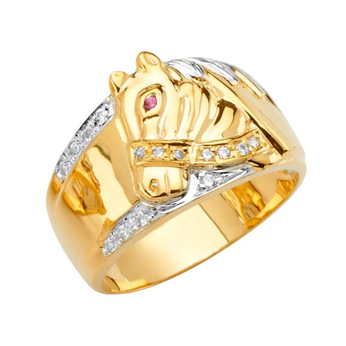 14K Tri Color Gold Men's Cubic Zirconia Ring w/Horse
