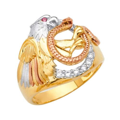 14K Tri Color Gold Eagle Men's Cubic Zirconia Ring