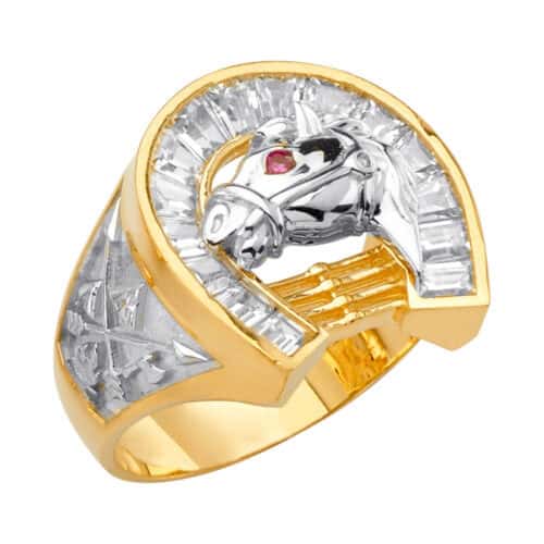 14K Two Tone Gold Horse Shoe Men's Cubic Zirconia Ring