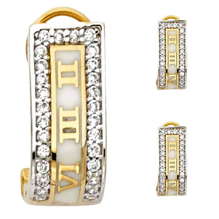 14K Two Tone Gold Roman Earrings W/Clip Lock - Image 3