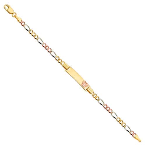 14K Tri Color Gold Figaro 3+1 Butterfly Baby ID Bracelet - 6"
