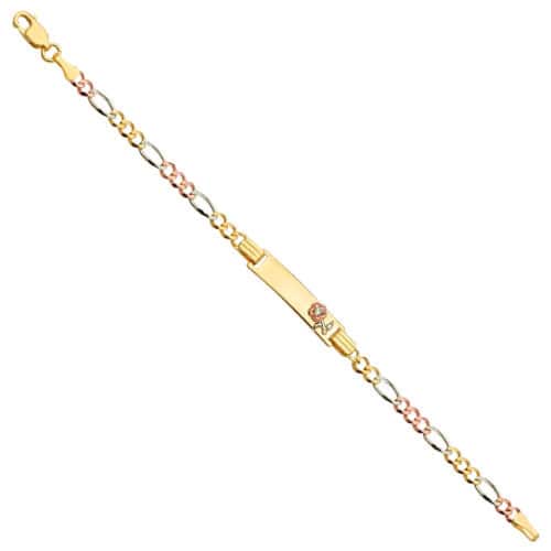 14K Tri Color Gold Figaro 3+1 Flower Baby ID Bracelet - 6"