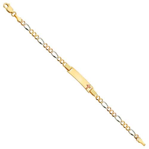 14K Tri Color Figaro 3+1 Cross Baby ID Bracelet - 6"