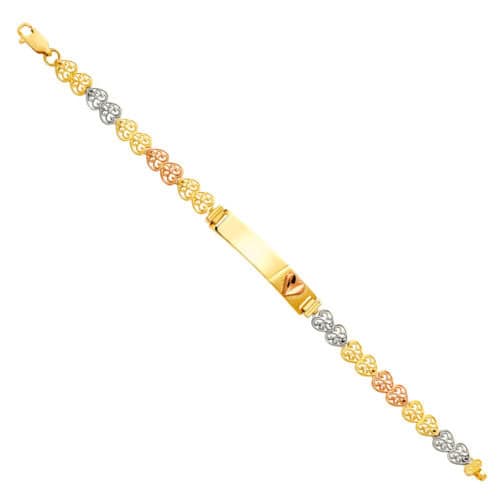 14K Tri Color Gold Heart Link Heart Baby ID Bracelet - 6"