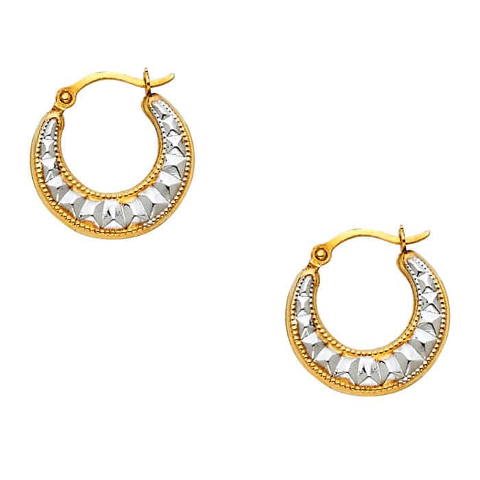 14K Two Tone Gold Fancy Hollow Hoop Earrings - Image 3