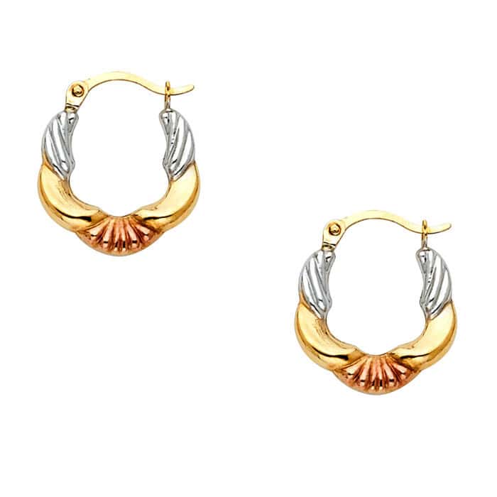 14K Tri Color Gold Fancy Hollow Hoop Earrings - Image 3