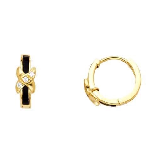 14K Yellow Gold Onyx & Cubic Zirconia Huggies Earringsrings