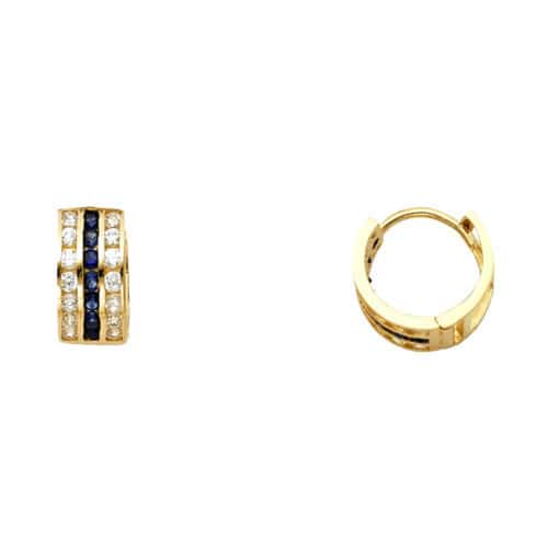 14K Yellow Gold Blue & White Cubic Zirconia Huggies Earrings