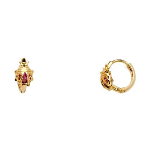 14K Yellow Gold Cubic Zirconia Ladybug Huggies Earrings