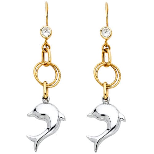 14K Two Tone Gold Hollow Hanging Dolphin Earrings
