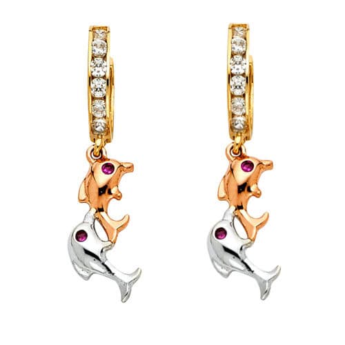 14K Tri Color Gold Cubic Zirconia Hanging Huggies Earrings