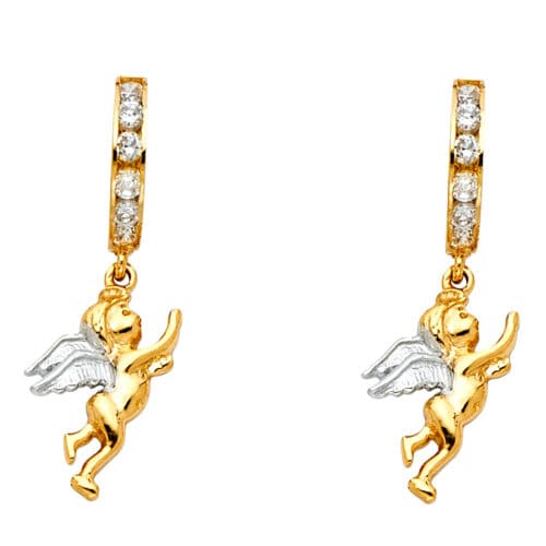 14K Two Tone Gold Cubic Zirconia Hanging Huggies Earrings