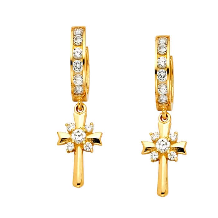 14K Yellow Gold Cubic Zirconia Hanging Huggies Earrings