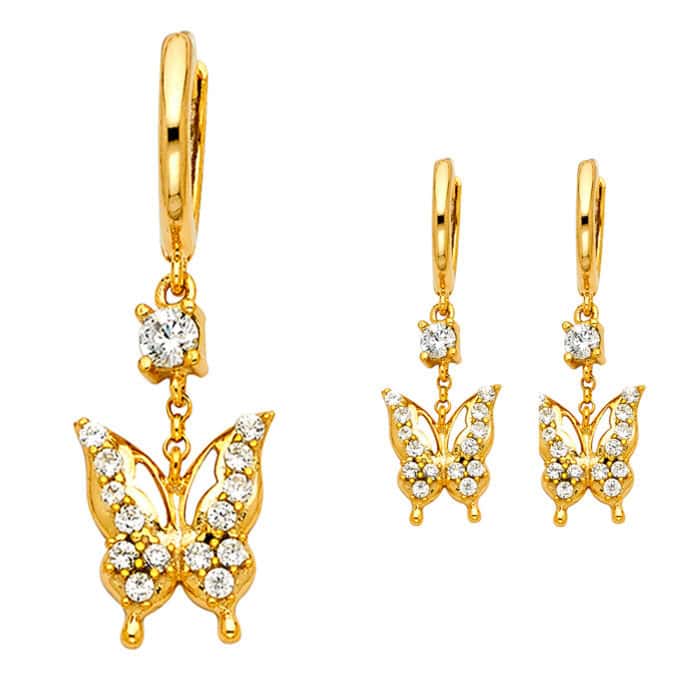 14K Yellow Gold Cubic Zirconia Hanging Huggies Earrings - Image 3
