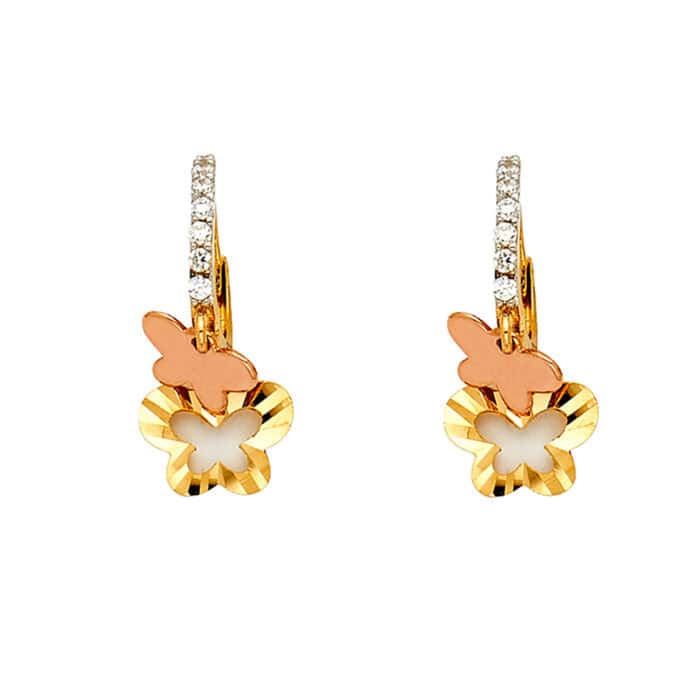 14K Two Tone Gold Cubic Zirconia Hanging Huggies Earrings