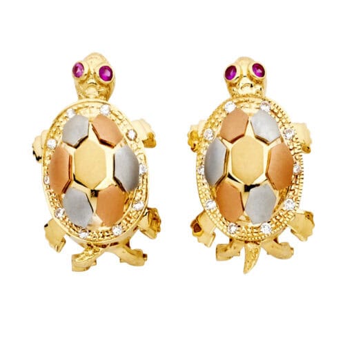 14K Tri Color Gold Turtle Earrings W/Clip Lock