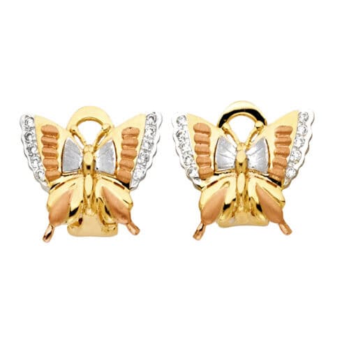 14K Tri Color Gold Butterfly Earrings W/Clip Lock