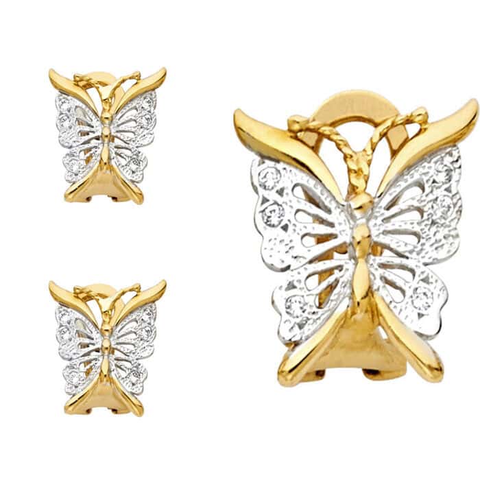 14K Two Tone Gold Butterfly Earrings W/Clip Lock - Image 2