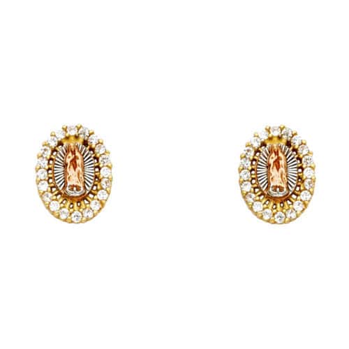 14K Tri Color Gold Our Lady of Guadalupe Cubic Zirconia Post Earrings