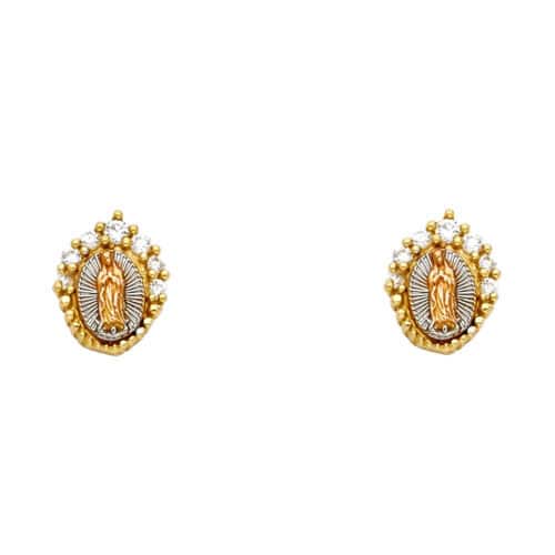 14K Tri Color Gold Our Lady of Guadalupe Cubic Zirconia Post Earrings