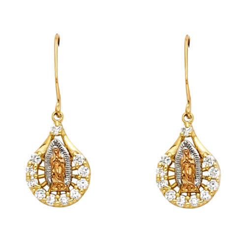 14K Tri Color Gold Hanging Cubic Zirconia Our Lady of Guadalupe Earrings