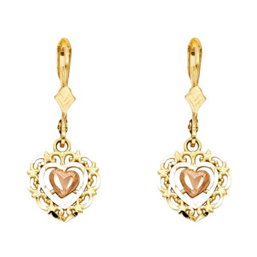 14K Two Tone Gold Hanging Heart Earrings