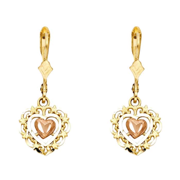 14K Two Tone Gold Hanging Heart Earrings