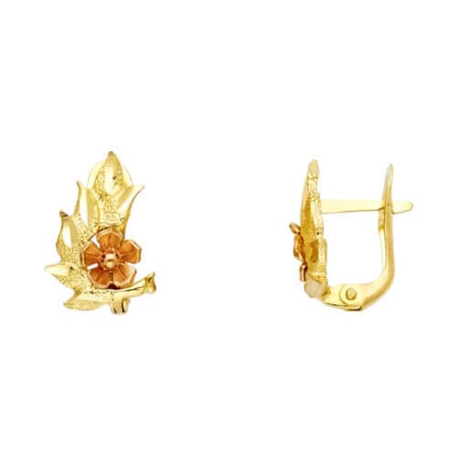 14K Two Tone Gold Diamond Cut Leaf U Shape Earrings