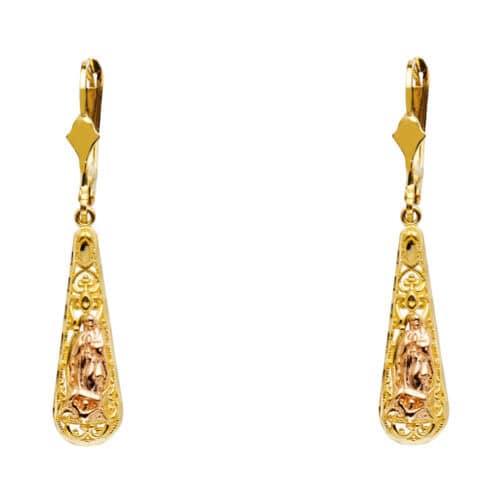 14K Two Tone Gold Our Lady of Guadlupe Teardrop Hanging Earrings