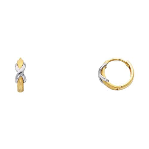 14K Two Tone Gold 2mm Huggies Earrings with X on Matte Finish