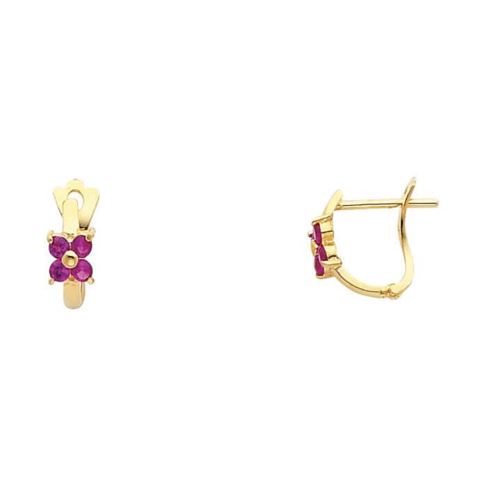 14K Yellow Gold Flower Cubic Zirconia Huggies Earrings